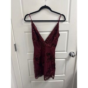 Superdown Burgundy Sequin Floral Mini Dress V-Neck Bodycon XS Wine Red Cocktail